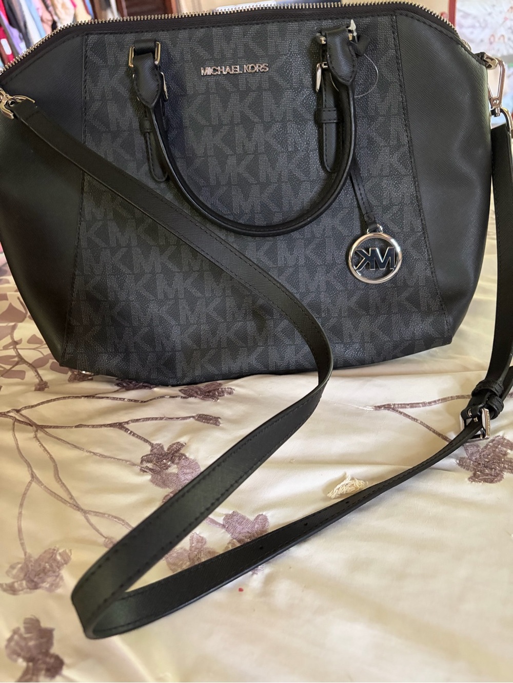Michael Kors Black/Charcoal Monogram Satchel with Crossbody Strap
